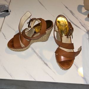 Michael Kors size 6 leather brown with gold buckle wedge espadrille
